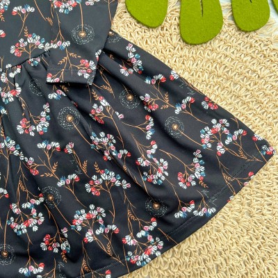  Vestido Manga Longa Malha Térmica com Flores Coloridas - Marinho